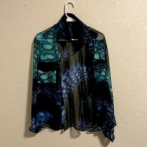 Sheer Blouse Blue and Turquoise Scale Pattern